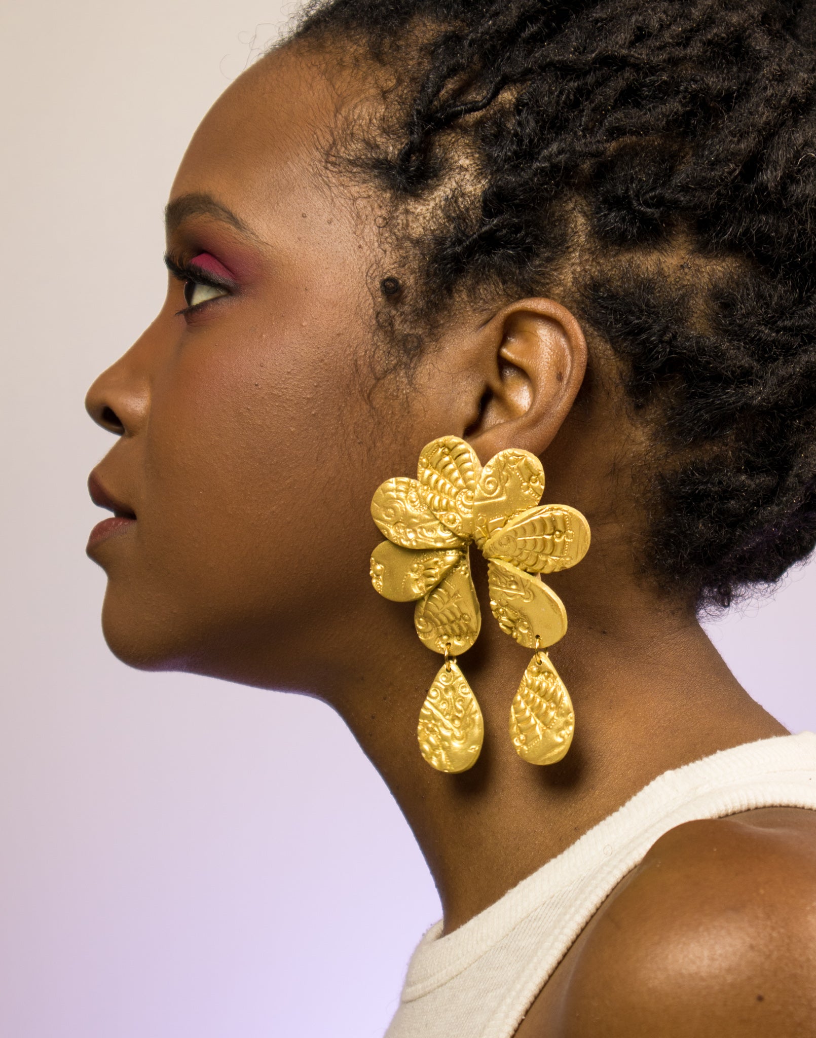 Be Kind Ramae polymer clay earrings in pink flower design. One of a kind jeweled statement earrings for any engagement ring.